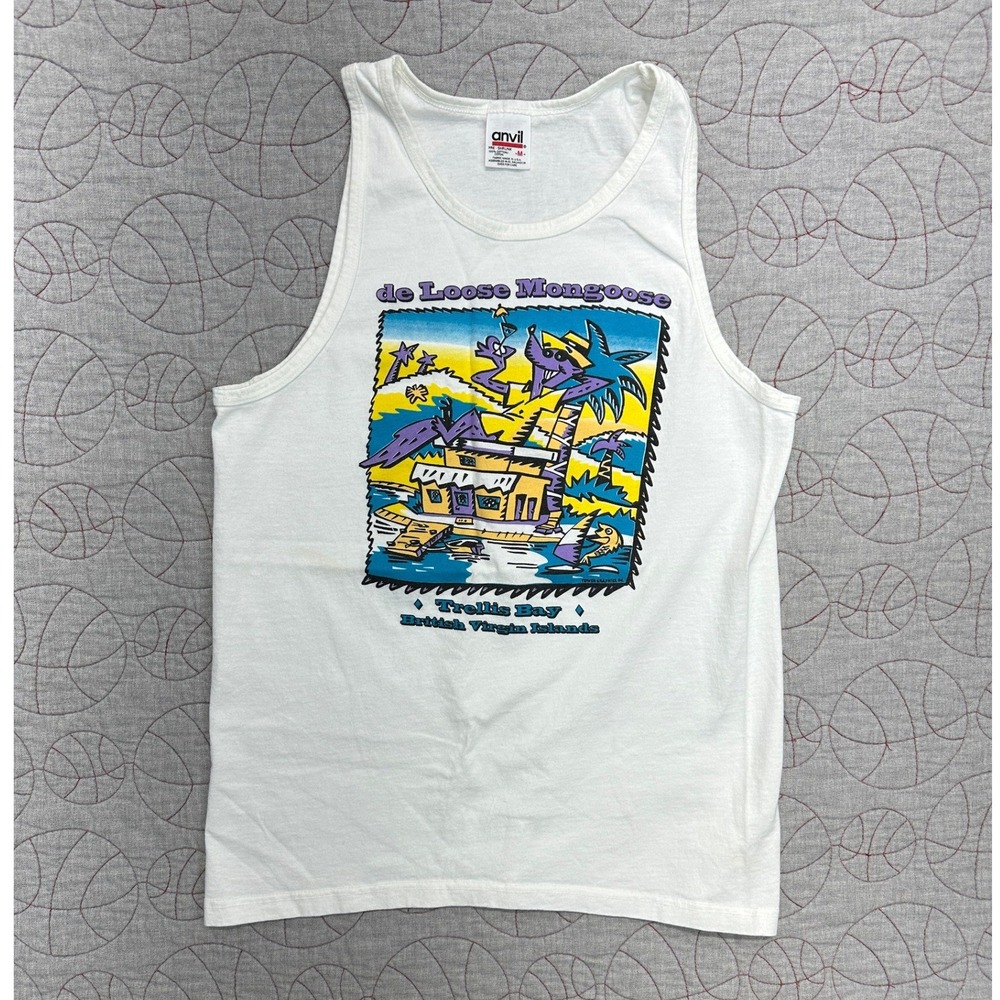 VTG 90s Anvil Tank Top White de Loose Mongoose Trellis Bay / Mens Medium